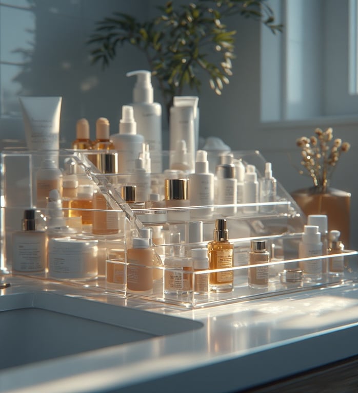 Acrylic vanity organizer with skincare bottles displayed in natural light.