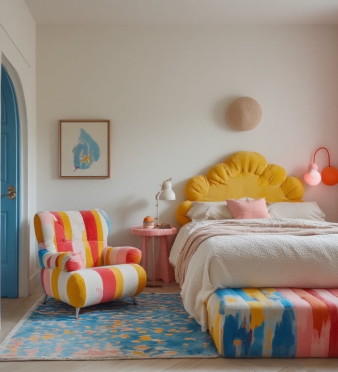 Minimal bedroom with neutral base colors, featuring one bold FunHaus accent