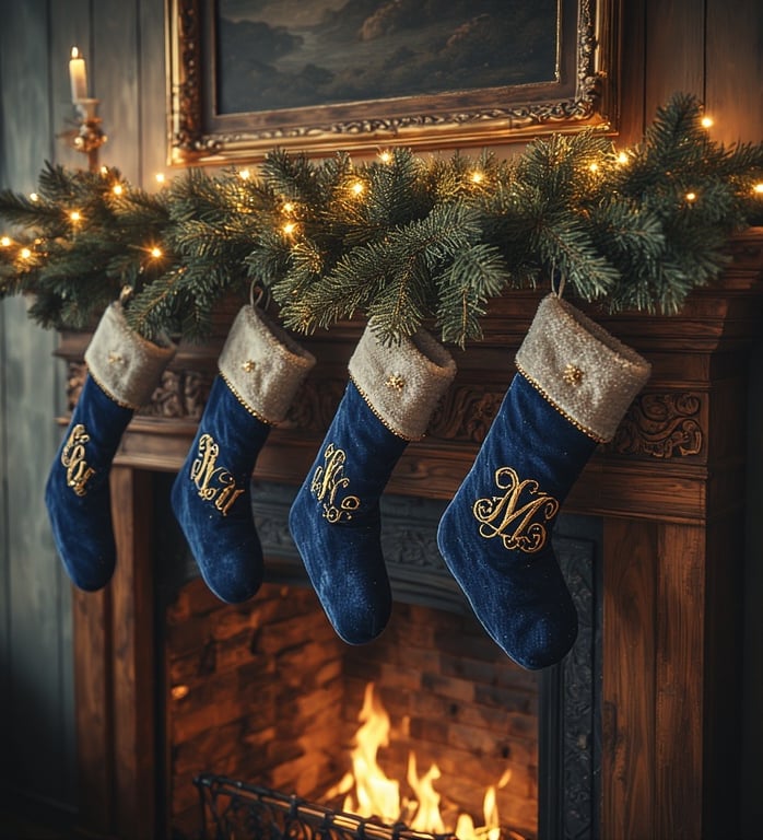 Navy velvet stockings with gold monograms in Ralph Lauren style.