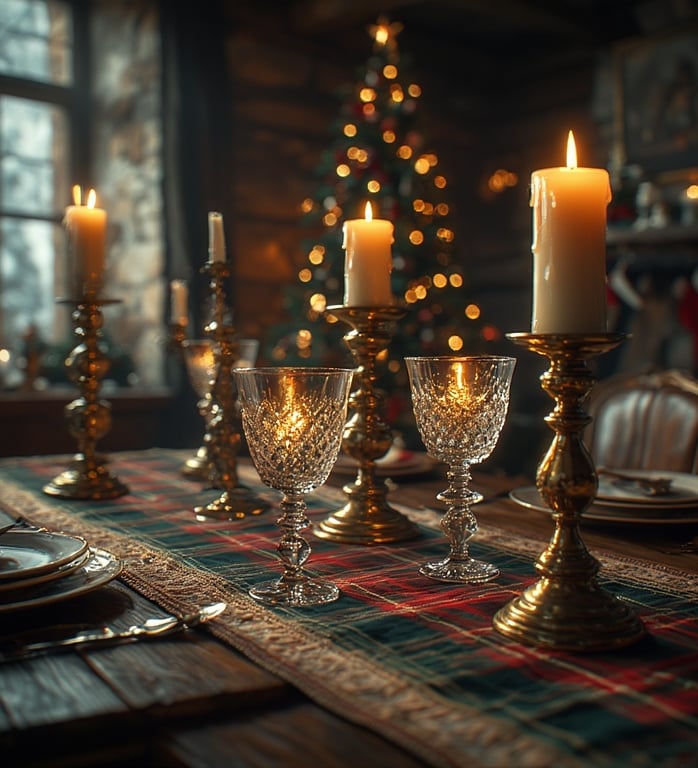 Brass and crystal Christmas table styling in Ralph Lauren style.