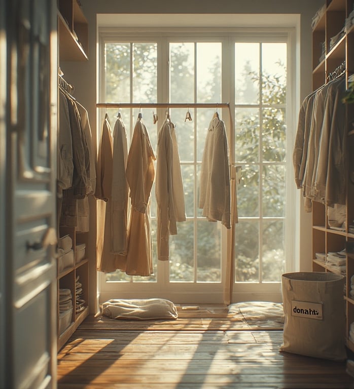 Open wardrobe with evenly hung garments and tidy shelves