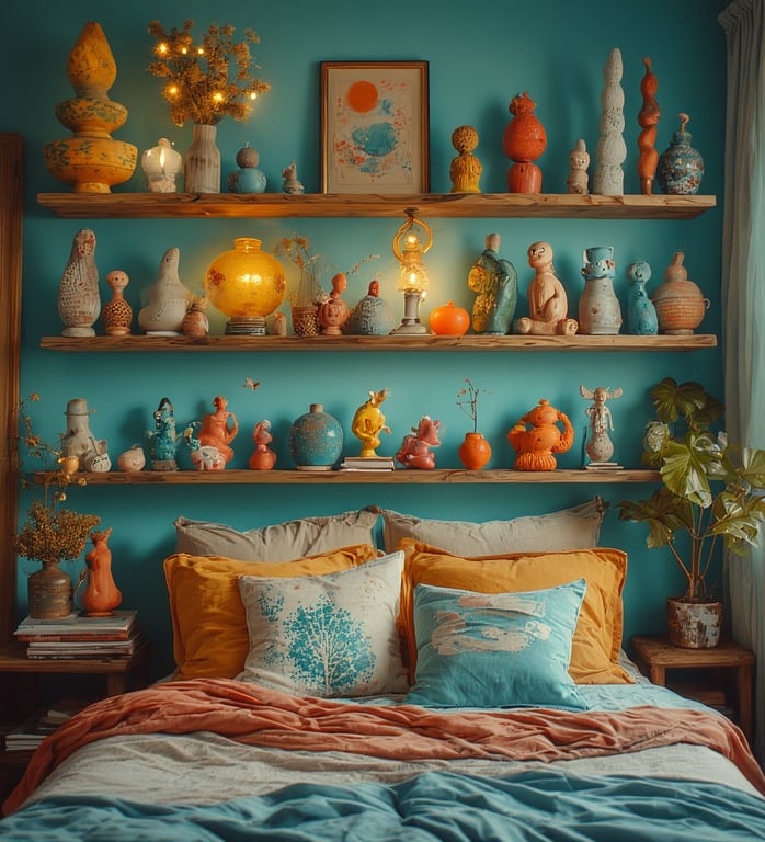 Funhaus Bedroom wall with floating shelves styled with sculptural decor objects