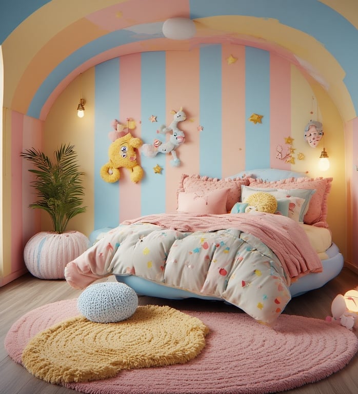 Family-friendly FunHaus bedroom with rounded furniture, soft striped walls in pastel pink, yellow