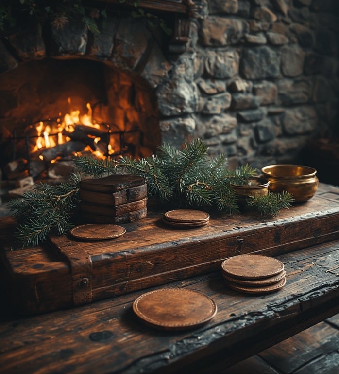Ralph Lauren-style leather and mahogany holiday décor.