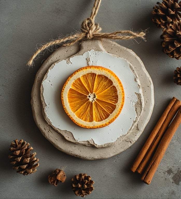 Clay ornament with dried orange slice and twine.