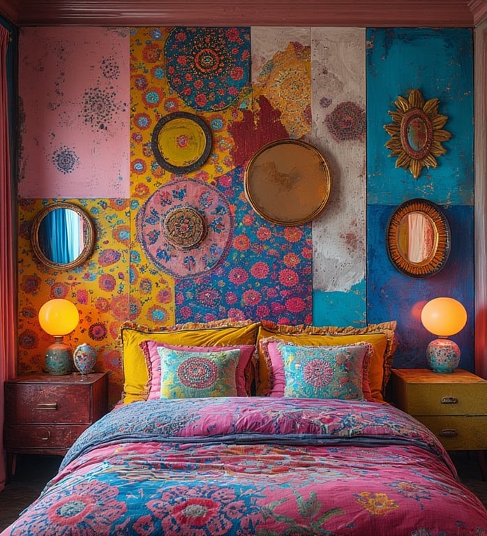 Funhaus Bedroom with dramatic layered headboard wall featuring bold art, circular mirrors