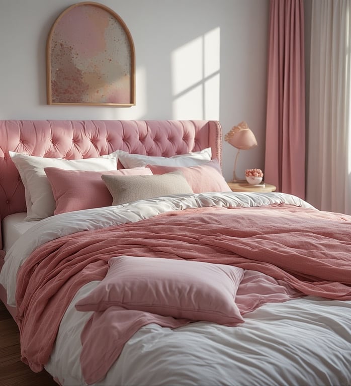 Minimal bed frame with rose pink bedding in a modern bedroom