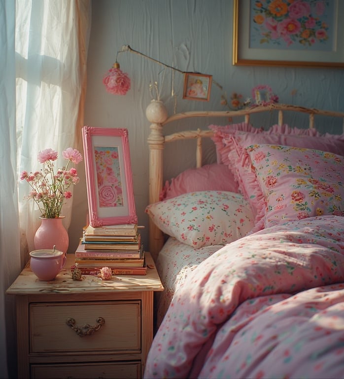 Rose pink picture frame styled on a cozy bedroom nightstand