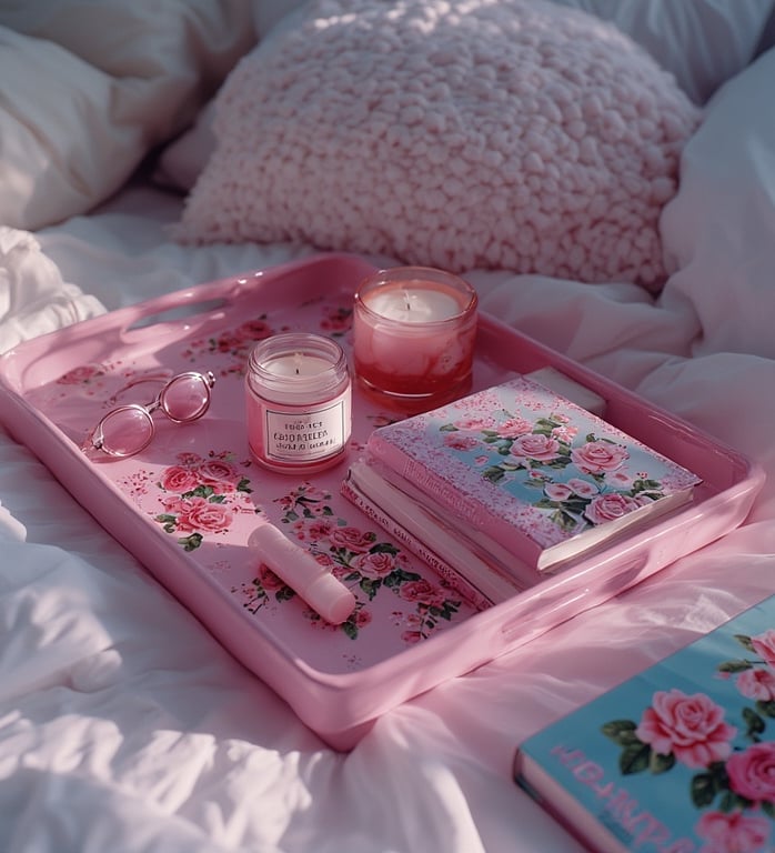 Rose pink decorative tray styled on a bedroom nightstand