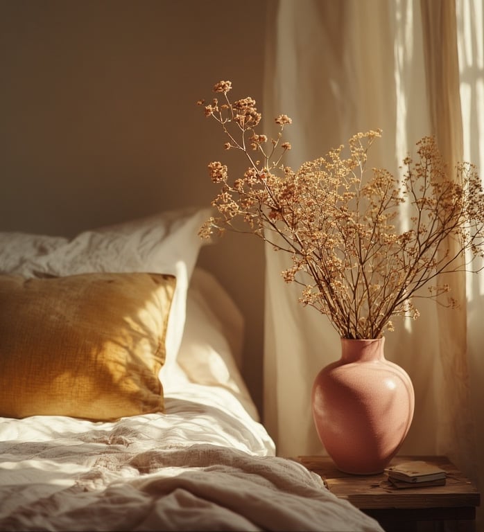 Rose pink ceramic vase with dried florals in a warm bedroom
