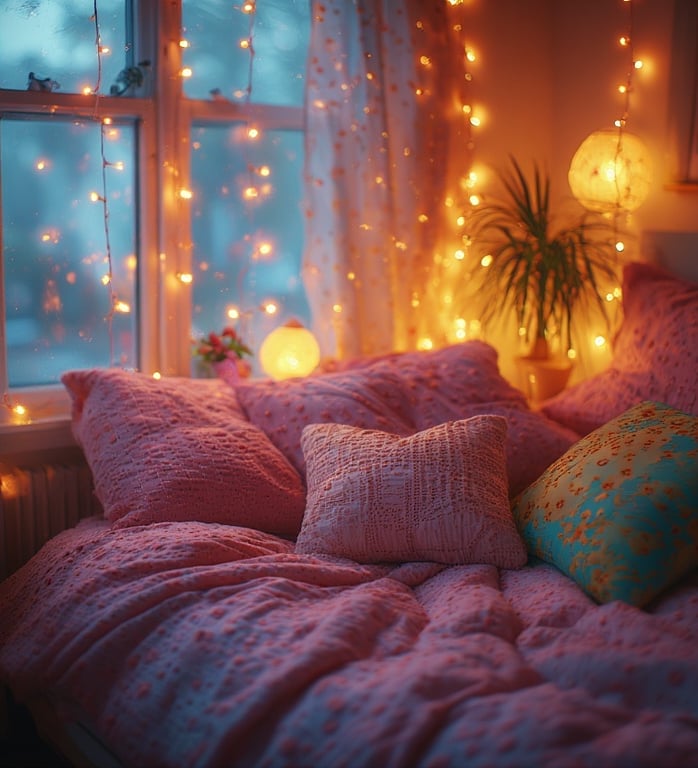 Rose pink bedroom with warm ambient lighting