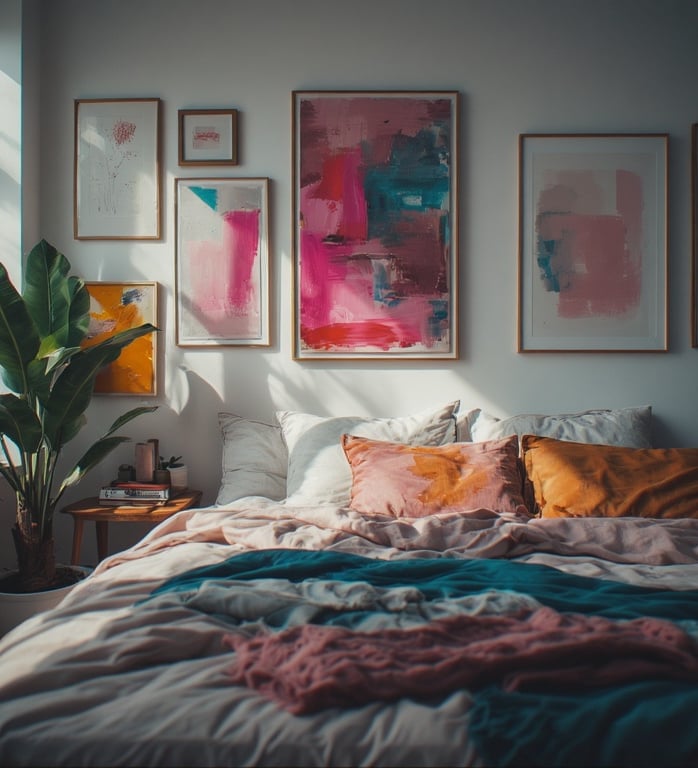 Blush pink abstract art gallery wall in a modern bedroom