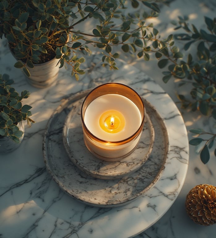 Overhead flatlay of candles, a plant, and a tray on a marble table.