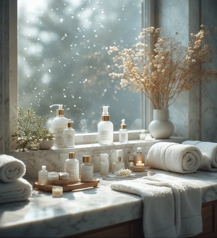 spa-like bathroom counter with rolled towels and skincare neatly arranged.
