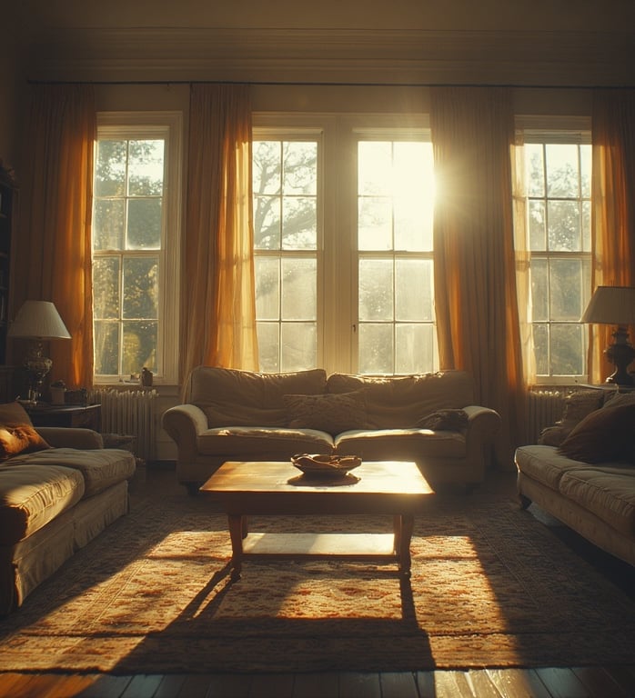 Wide lens living room shot with sunlight pouring through windows, warm-toned textiles.