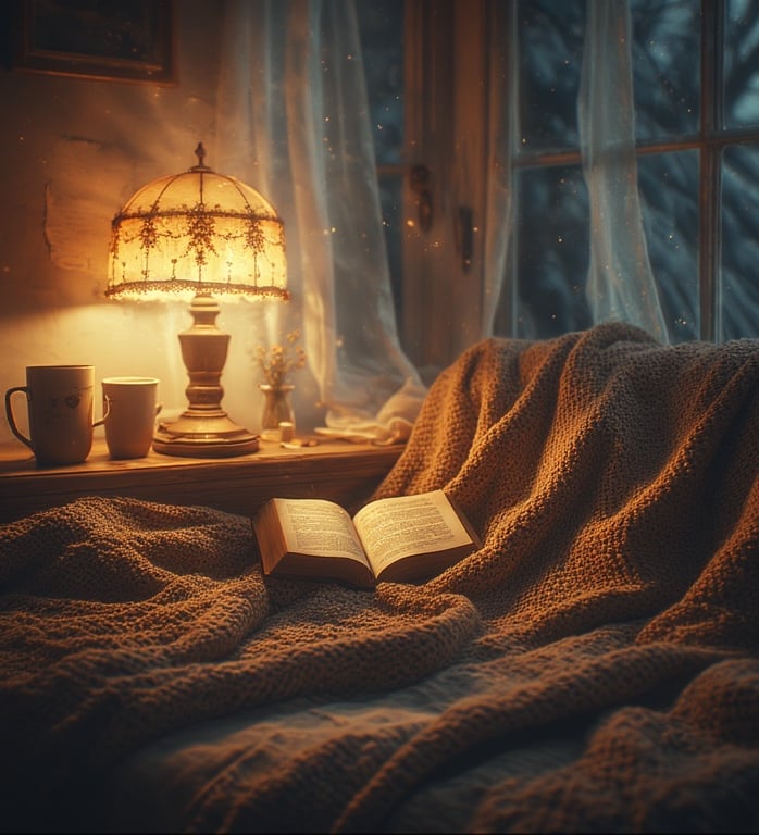 cozy reading nook with a lamp, soft blanket, and coffee mug.