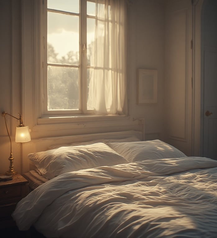 minimal bed with crisp linens and soft window light.