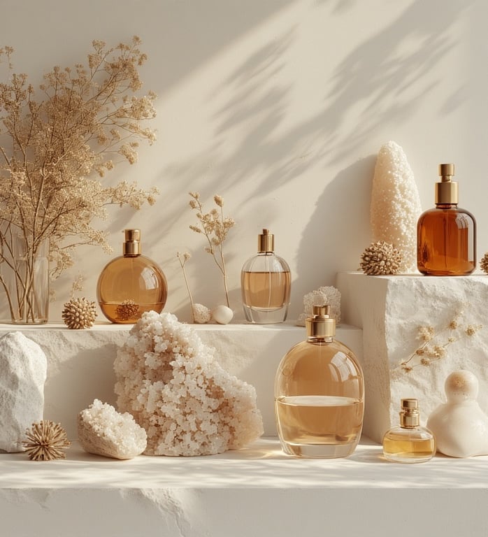 Artsy perfume shelf with uniquely shaped bottles, dried botanicals, sea salt crystals