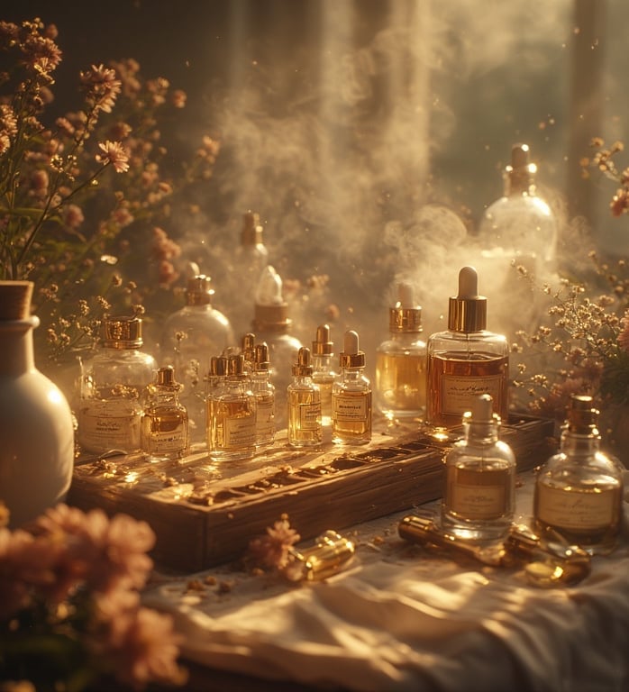 Aesthetic perfume mixing station with droppers, oils, labeled vials, gold accents, and soft florals