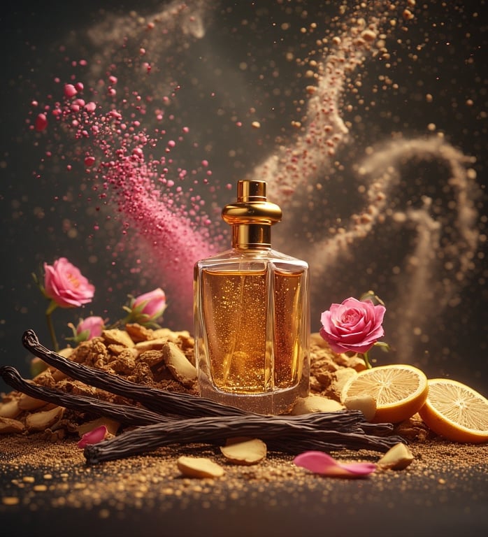 Balanced composition of sandalwood chips, vanilla pods, rose petals, and bergamot slices 