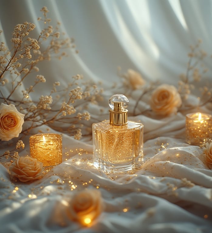 Velvet backdrop with a gold-trimmed perfume bottle, dried roses, and glowing amber