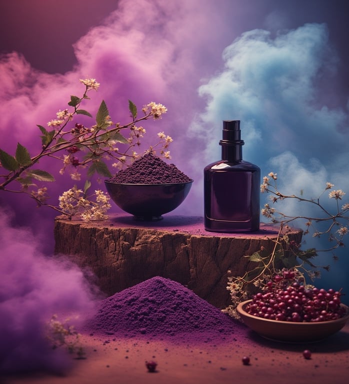 Dark studio mood: oud wood block, jasmine vines, blackcurrant bowl