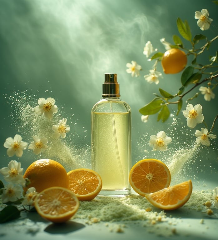 Sunlit citrus orchard-inspired flat lay with neroli blossoms and sliced bergamot for scent-stacking.