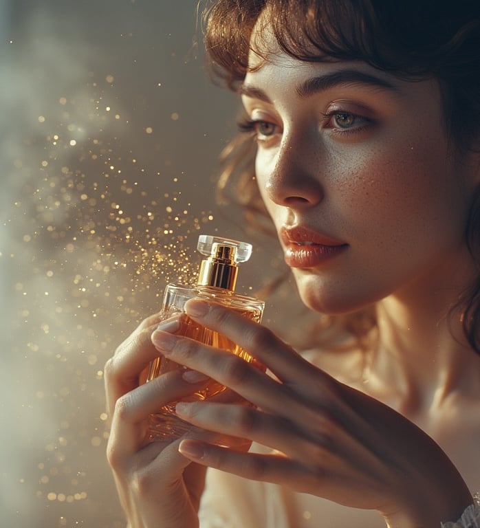Soft glam beauty shot of a woman applying perfume to pulse points.