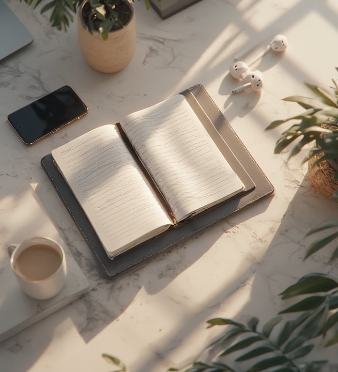 Top-down shot of a phone next to an open journal with earbuds and coffee