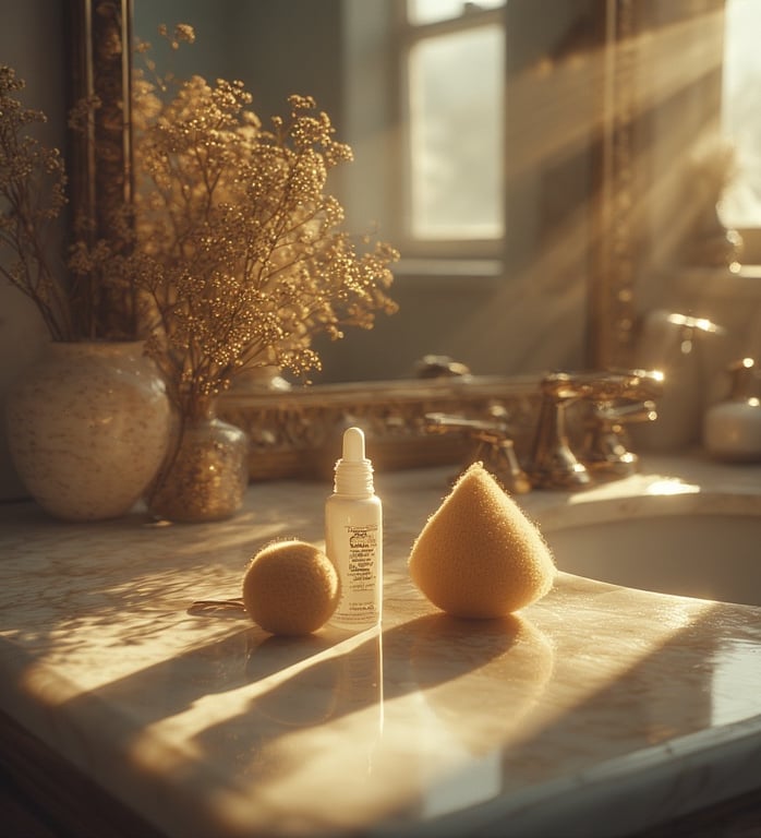 Flat lay of tinted moisturizer tube, blending sponge, and sunlight beaming across a vanity top
