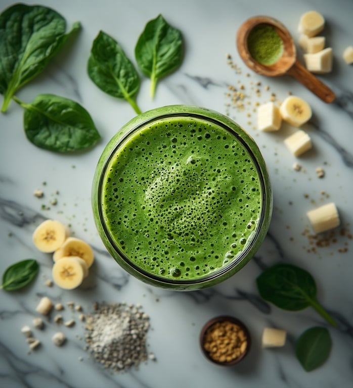 Overhead shot of a green smoothie on marble counter with scattered ingredients