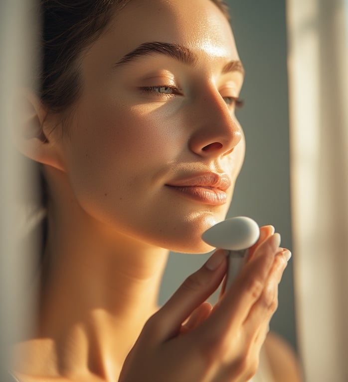 Close-up of woman gliding a gua sha tool along her jawline in the mirror.