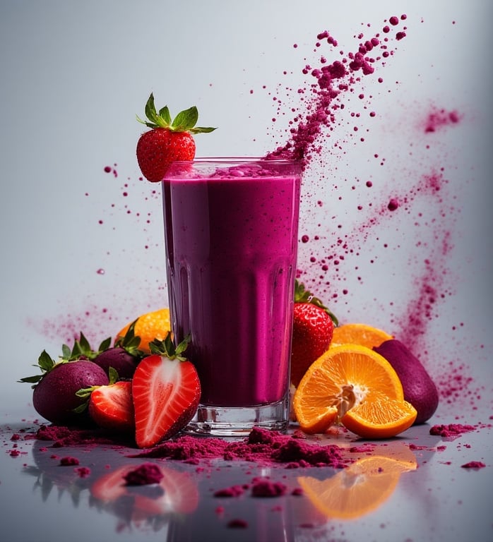 Bright magenta beet and berry smoothie in a glass.
