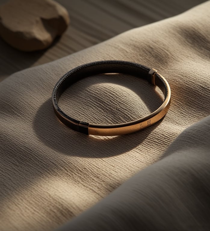 Minimalist close-up of a small engraved item on a neutral surface.