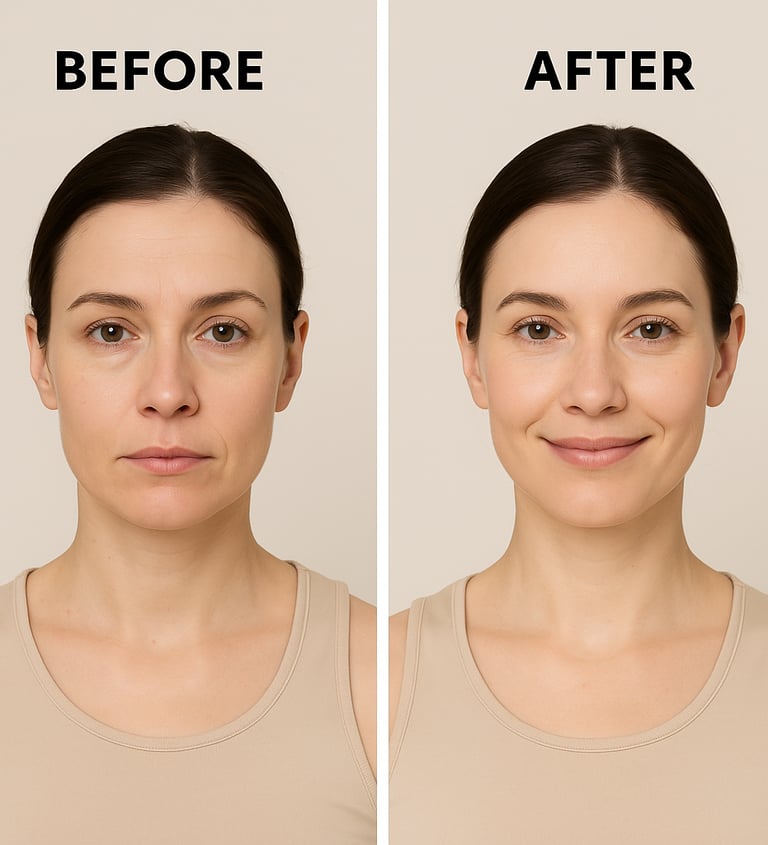Side-by-side comparison image showing a woman before and after face yoga