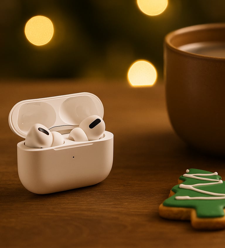 Open AirPods case beside coffee cup and Christmas cookies with warm lights in background.