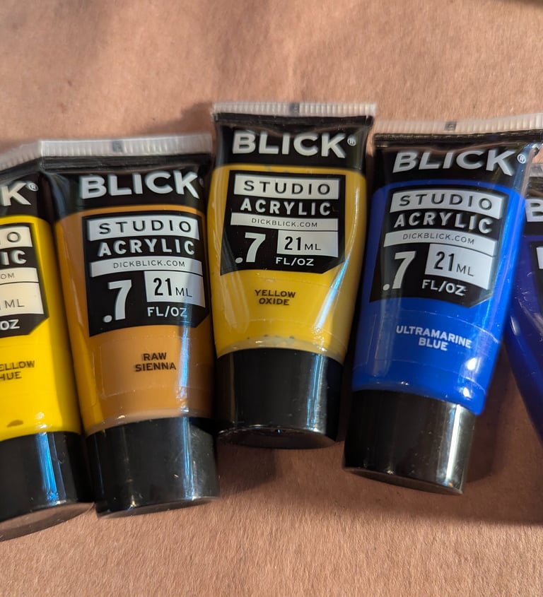 Dick Blick Studio acrylics. Cadmium Yellow, Raw Sienna, Yellow Oxide, Ultramarine blue, Dioxazine purple.