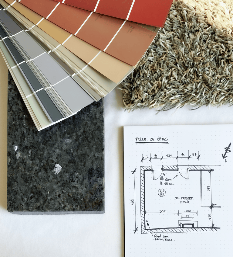planche tendance avec du granite, de la moquette, un nuancier et un plan