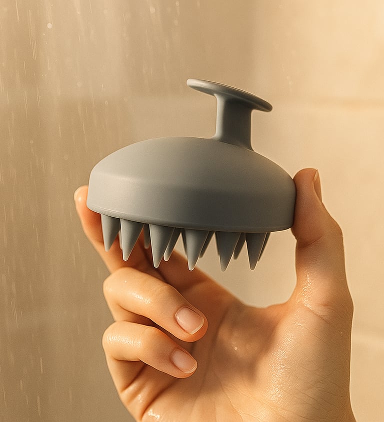 Hand holding a silicone scalp massager in a softly lit steamy shower.