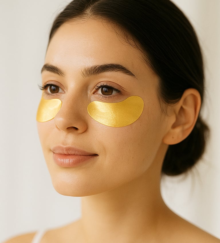 Woman wearing shimmering gold under-eye patches with soft natural light.