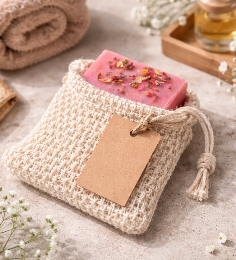 Soap inside a natural sisal soap saver bag with a hang tag attached