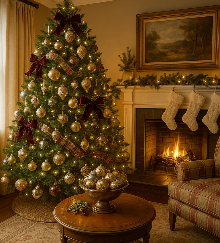 A nostalgic vintage Christmas tree with glass ornaments, velvet bows, and plaid ribbon. Warm golden