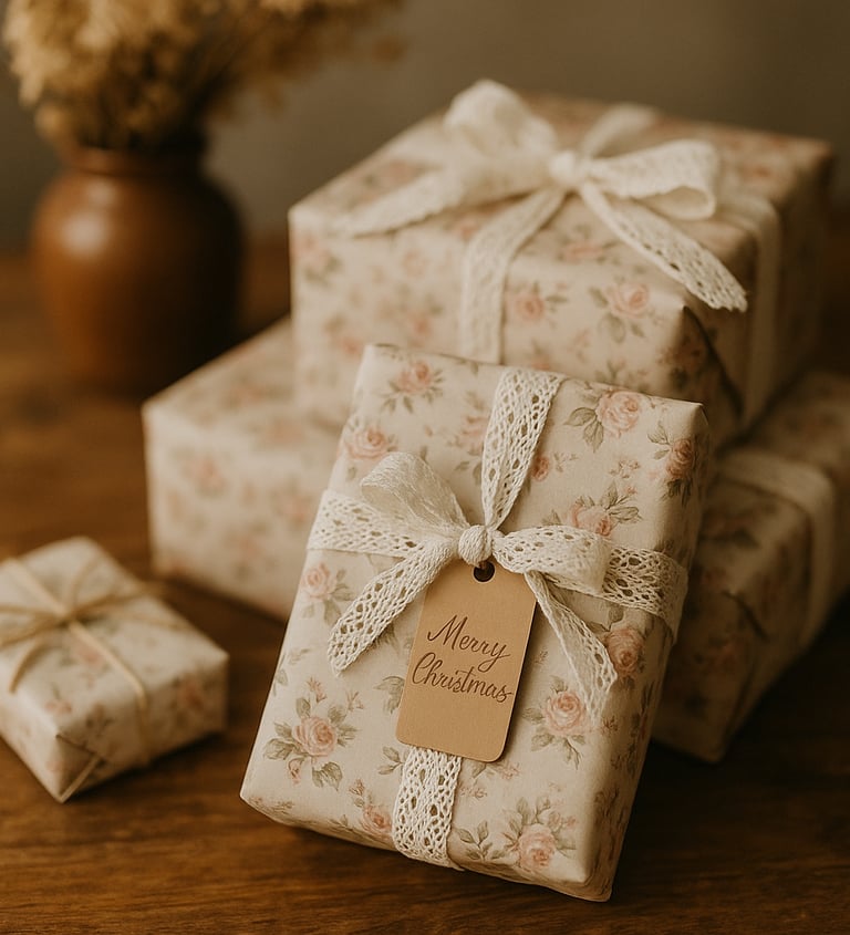 Cottagecore Christmas wrapping with floral paper and lace ribbon.