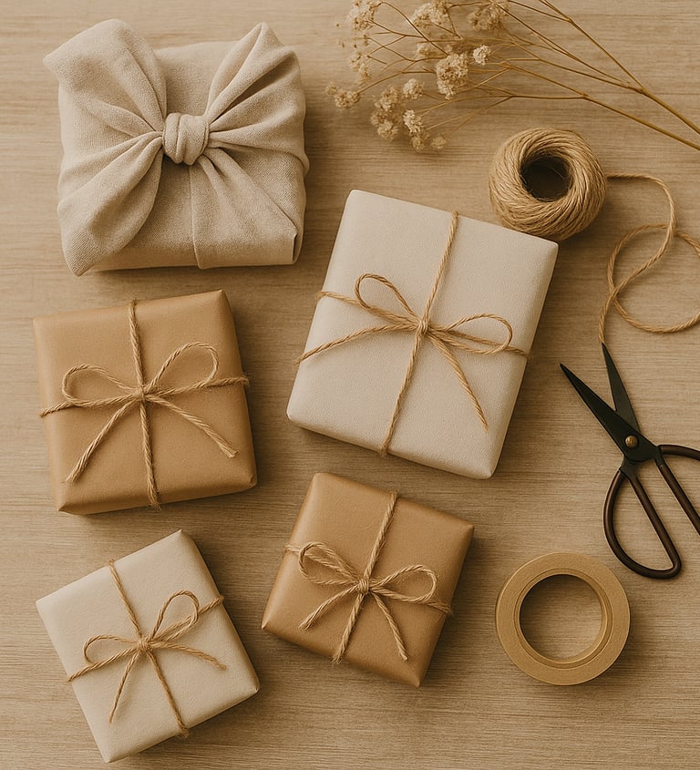 Eco-friendly Christmas wrapping with reusable fabric and natural twine.