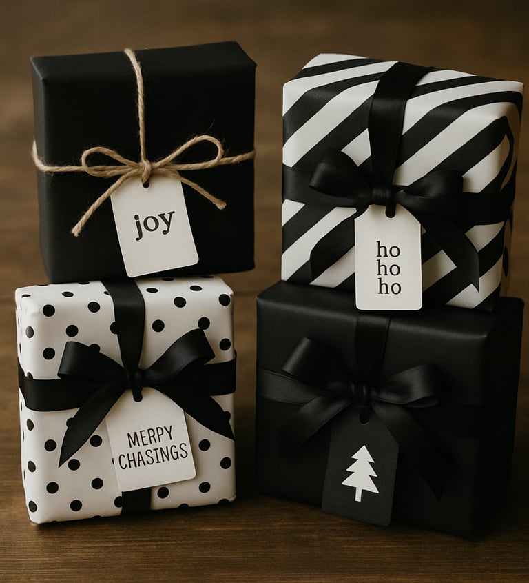 Modern black-and-white monochrome Christmas wrapping with minimalist design.
