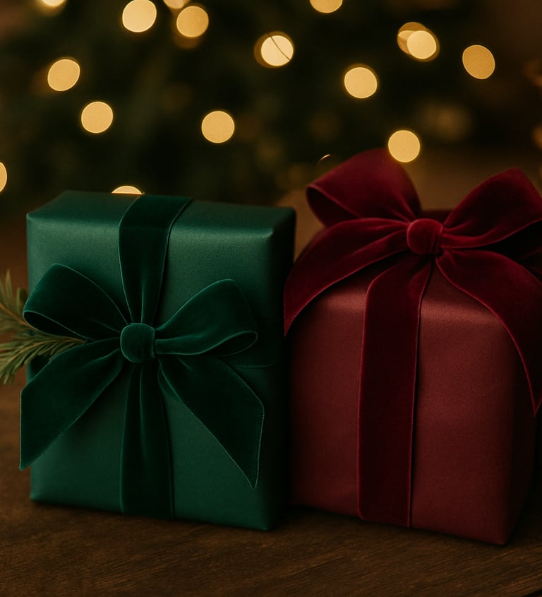 Elegant Christmas gift wrapping with velvet ribbons in jewel tones.