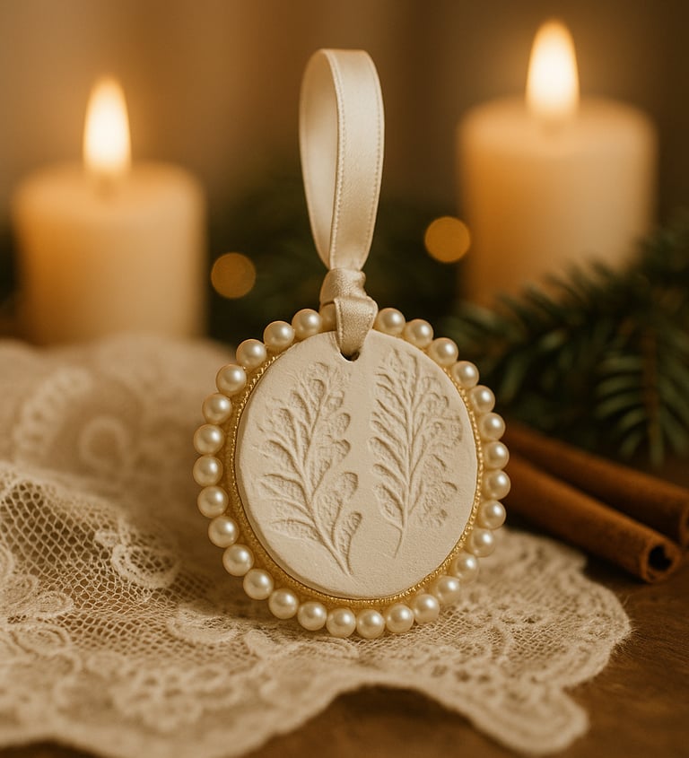 White lace-textured ornament with pearl edge.