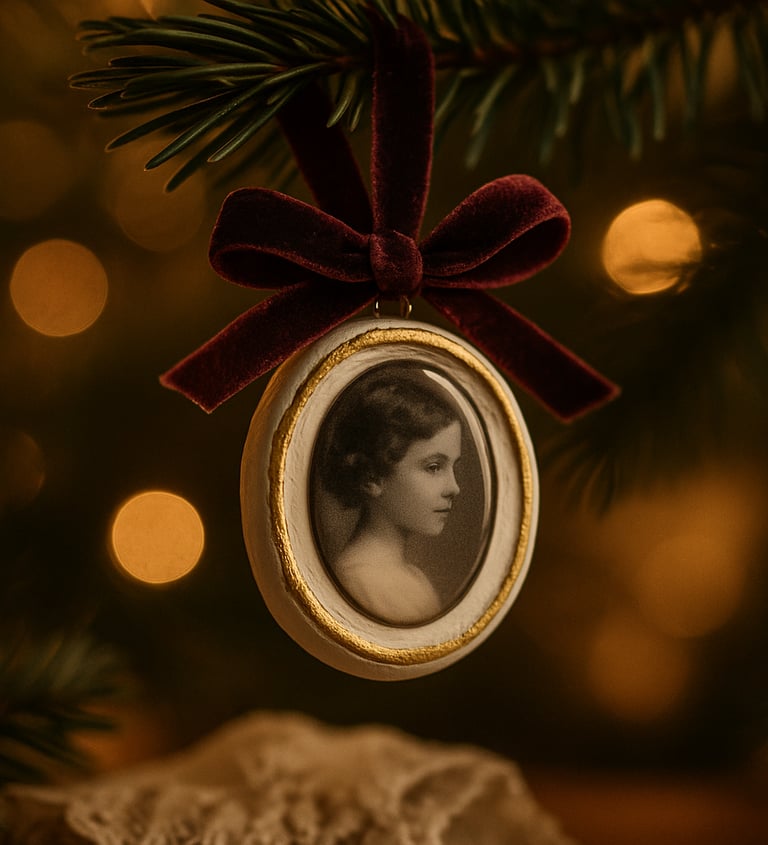 Photo cameo ornament with resin coating.