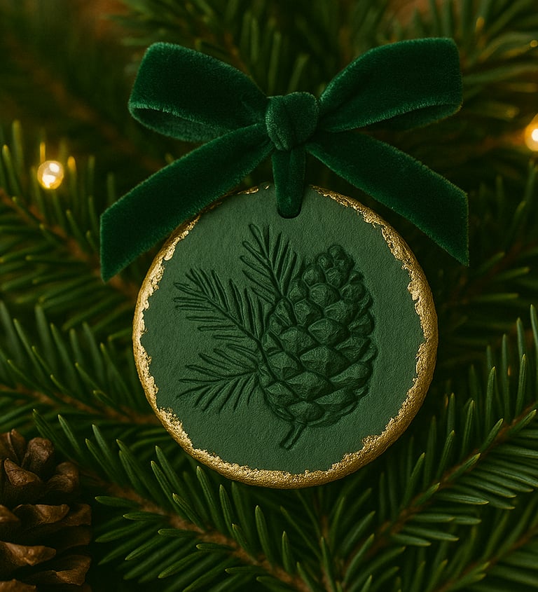 Pinecone imprint ornament in green and gold.