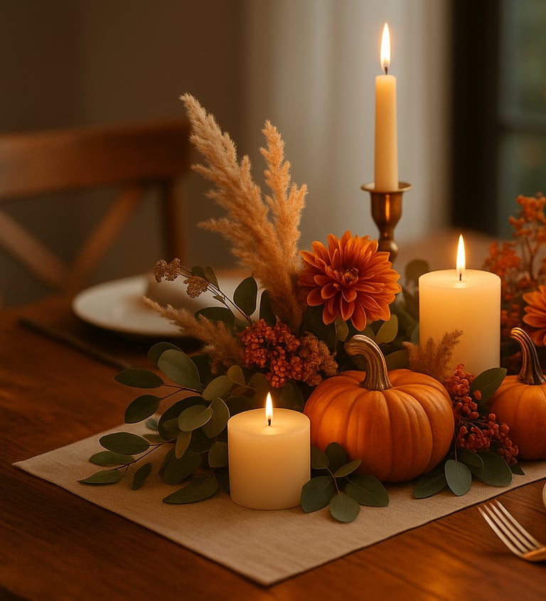 Rustic Thanksgiving centerpiece with pumpkins and candle garland on a wooden table.